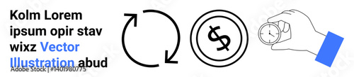 Circular arrows, dollar sign, and hand holding stopwatch, representing money circulation, time management, financial planning. Ideal for banking, time value, economy investments efficiency