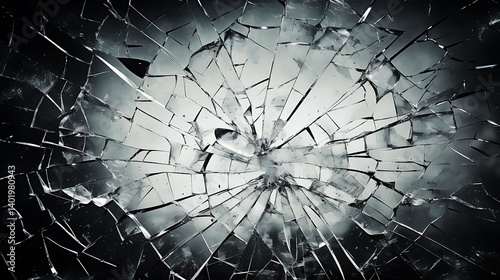 Shattered Glass Fragments Sharp Edges with Highlighted Cracks and Damage Detail