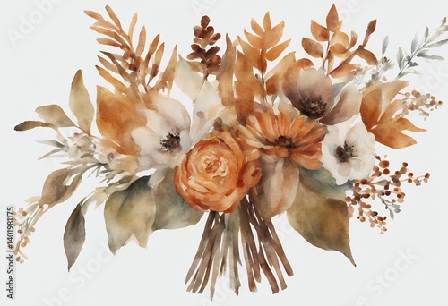 Fototapeta Naklejka Na Ścianę i Meble -  style bouquet clipart burnt brown rustic botanical watercolor made arrangement painting flowers floral white rust orange png autumn card fall grey clip art thanksgiving hand painted flower isolated