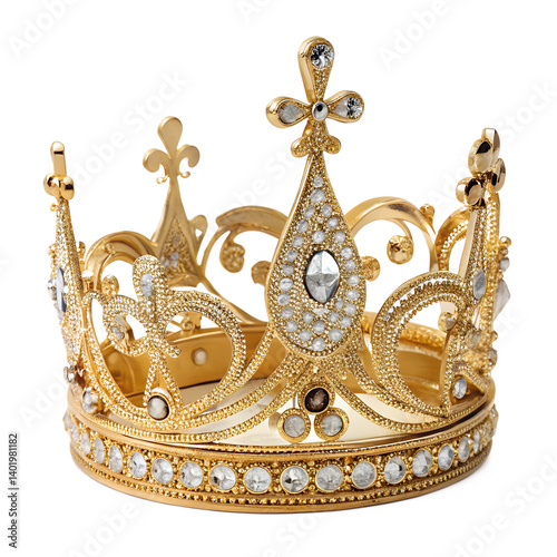 Golden Crown with Diamonds and Gems isolated on transparent background
