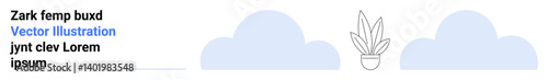 Potted plant surrounded by two abstract blue cloud forms. Ideal for decoration, nature, calmness, simplicity, minimalism, green living, and contemporary design. Perfect flat landing page banner