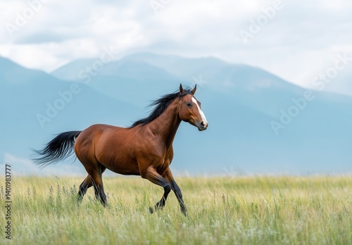 Majestic brown horse galloping through a grassy field with a mountain backdrop, under a cloudy sky.