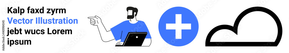 Man working on laptop and pointing, blue medical cross, black cloud icon. Ideal for technology, healthcare, teamwork, remote work, cloud computing, medical services flat landing page banner Man working on laptop and pointing, blue medical cross, black cloud icon. Ideal for technology, healthcare, teamwork, remote work, cloud computing, medical services flat landing page banner