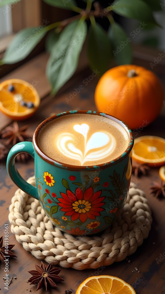Boho coffee scene with chai latte in painted mug, orange slices and star anise on textured wood. Macramé coaster adds artisanal touch. Boho coffee scene with chai latte in painted mug, orange slices and star anise on textured wood. Macramé coaster adds artisanal touch.