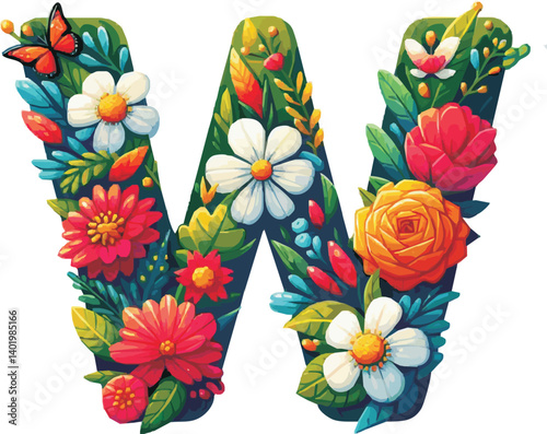 Doodle flower letter W. Floral element of colorful alphabet made from flowers