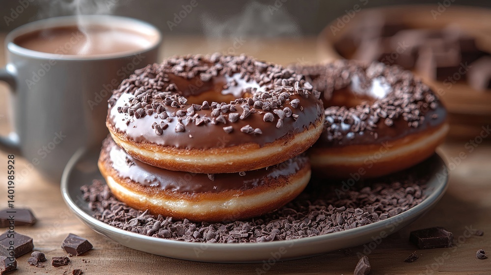 Chocolate donuts and hot drink. Delicious, glazed doughnuts piled high, scattered with chocolate sprinkles, alongside a steaming mug of hot chocolate Chocolate donuts and hot drink. Delicious, glazed doughnuts piled high, scattered with chocolate sprinkles, alongside a steaming mug of hot chocolate