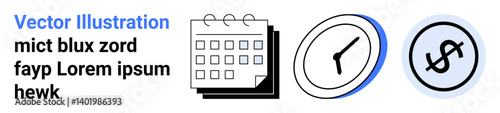 Calendar for scheduling, clock for time tracking, currency sign for finance. Ideal for productivity, planning, business, time management, financial analysis, deadlines simple landing page