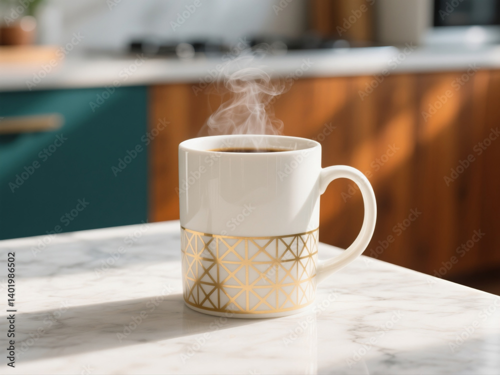 Minimalist Ceramic Coffee Mug with Golden Geometric Patterns, Luxury Kitchenware Photography, Steam Rising on Marble Surface, Teal & Orange Cinematic Lighting