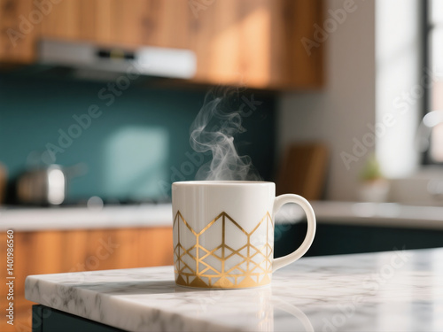 Minimalist Ceramic Coffee Mug with Golden Geometric Patterns, Luxury Kitchenware Photography, Steam Rising on Marble Surface, Teal & Orange Cinematic Lighting