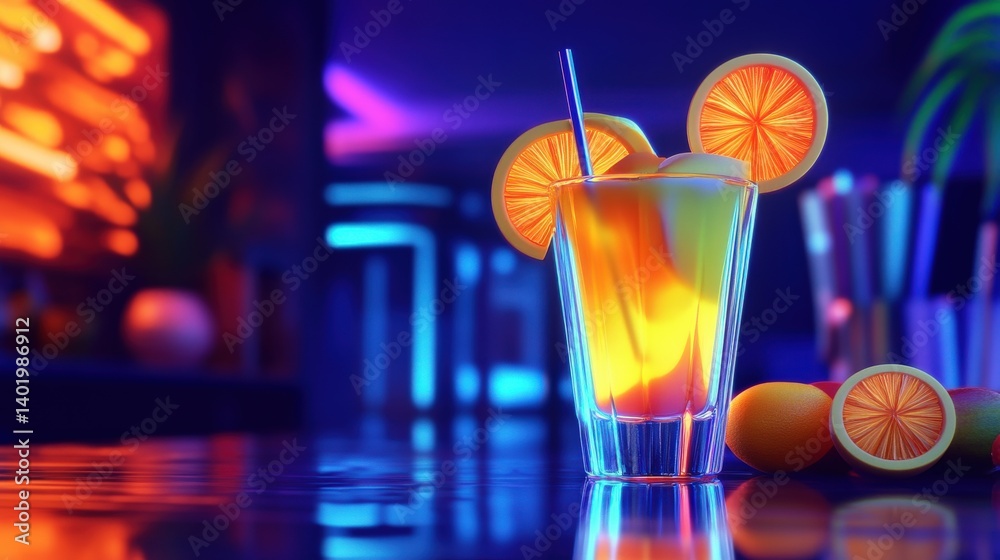 Vibrant cocktail with orange slices on a bar counter, glowing neon lights in the background Vibrant cocktail with orange slices on a bar counter, glowing neon lights in the background