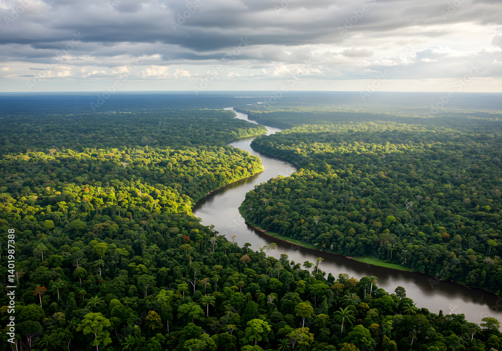 Fototapeta premium Wide-angle shot of lush rainforest with winding river and soft light breaking through