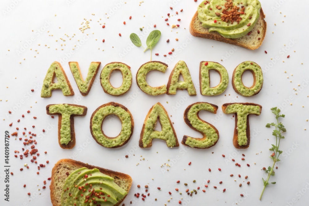 custom made wallpaper toronto digitalAvocado Toast word made with mashed avocado on toasted bread and surrounded by seeds
