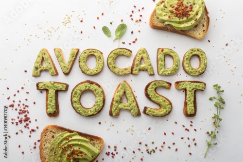 Wallpaper Mural Avocado Toast word made with mashed avocado on toasted bread and surrounded by seeds
 Torontodigital.ca