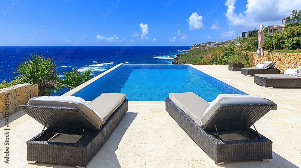 Oceanfront infinity pool with lounge chairs Oceanfront infinity pool with lounge chairs