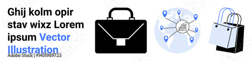 Business briefcase, interconnected locations with pins and hub, two shopping bags. Ideal for e-commerce, business strategy, logistics, retail marketing, travel planning, supply chain flat landing