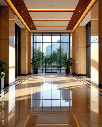 Sunlit lobby of a modern international tax dispute resolution office building showcasing sleek design and polished marble floors reflecting the cityscape outside.