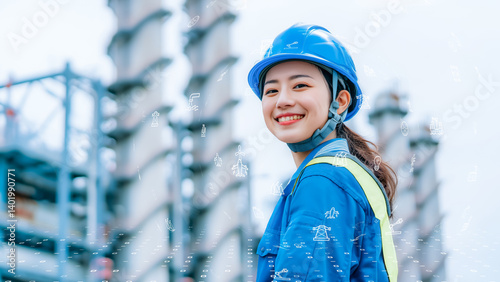 Confident Asian female engineer at night with smart city lights and tech circuit graphics, industry 4.0 concept photo