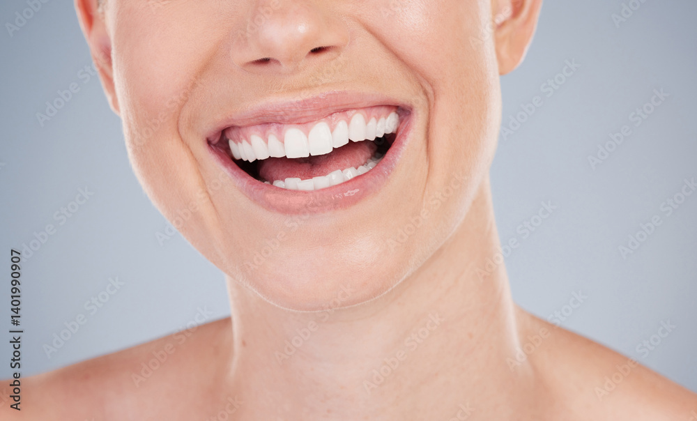 Obraz premium Mouth, teeth and laugh of woman closeup in studio for dental care, oral hygiene and healthy gums. Female model, wellness and veneers for confidence, pride and whitening of tooth by gray backgrounds