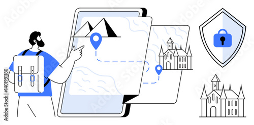 Traveler with backpack pointing at digital map with mountain and castle icons, secure location symbol. Ideal for travel planning, navigation, security, tourism, adventure, technology, exploration