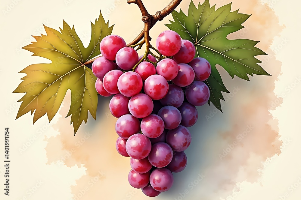 Obraz premium Lush red grapes hanging on vine leaves watercolor background vibrant colors juicy fruit delicious