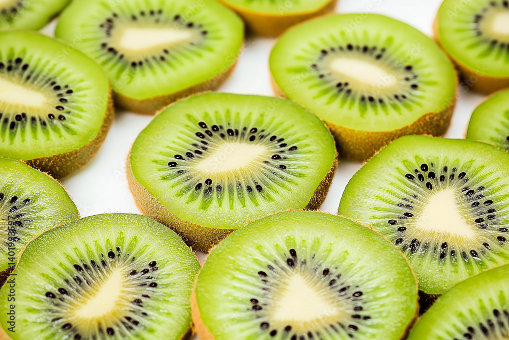 A neatly arranged kiwi slices, vibrant green flesh, tiny black seeds, and juicy texture, isolated on a white background A neatly arranged kiwi slices, vibrant green flesh, tiny black seeds, and juicy texture, isolated on a white background