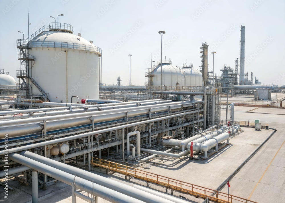 Daylight photo of an industrial oil & gas plant. High-resolution, showcasing equipment, pipes, and tanks against a white backdrop. Daylight photo of an industrial oil & gas plant. High-resolution, showcasing equipment, pipes, and tanks against a white backdrop.