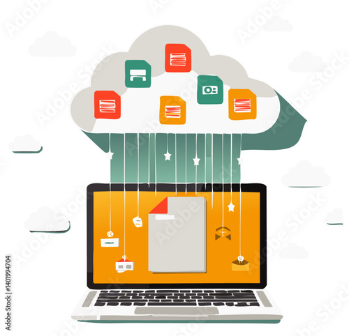 Cloud Computing and Online File Storage Concept with Icons and Laptop Illustration

