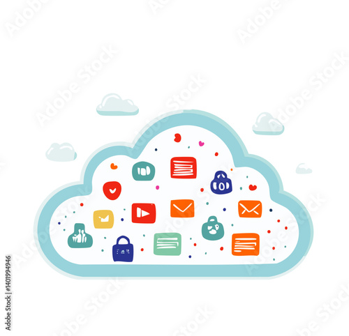 Colorful Cloud Storage Icons Representing Digital Communication and File Management

