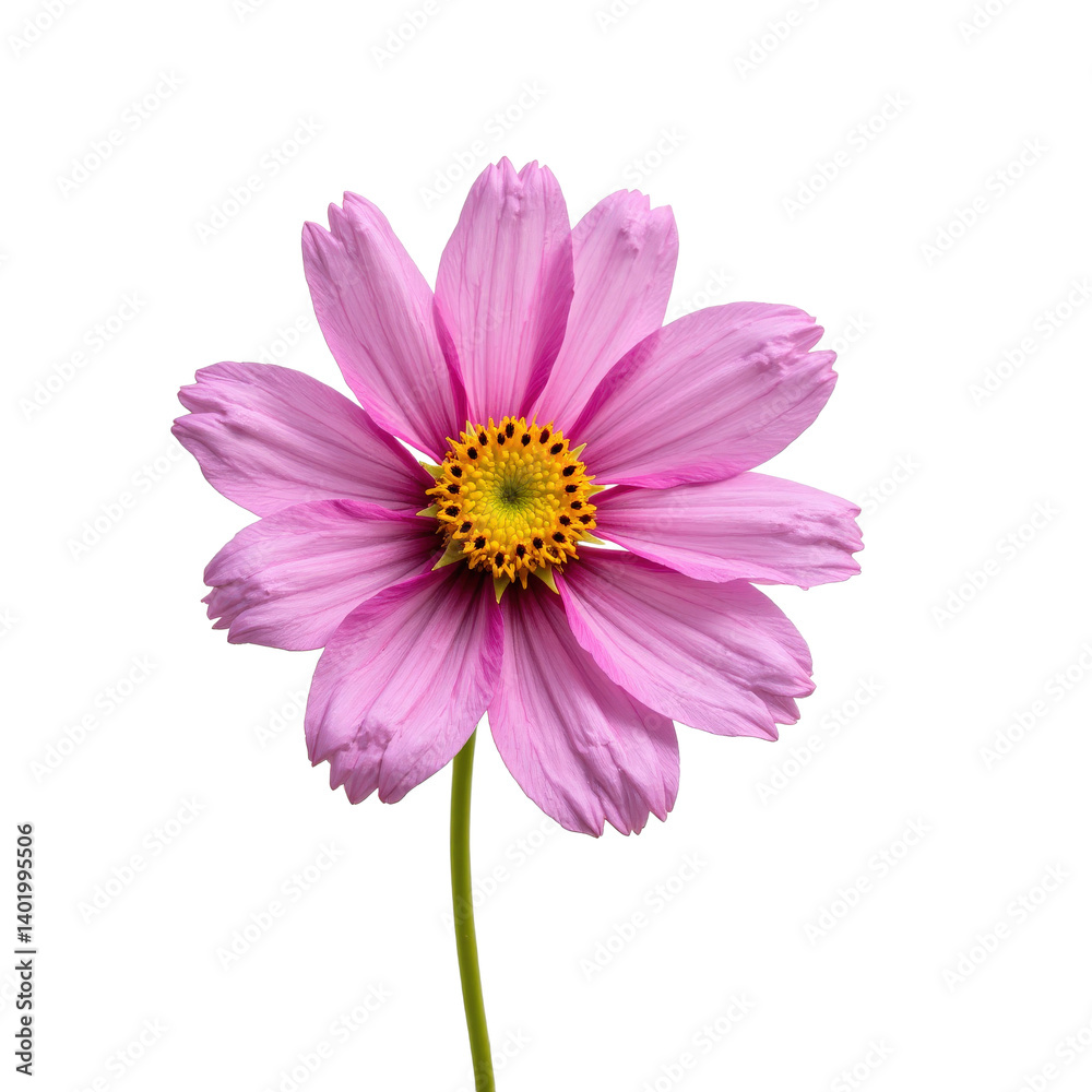 A vibrant pink cosmos flower with a yellow center, isolated on a transparent background. A vibrant pink cosmos flower with a yellow center, isolated on a transparent background.