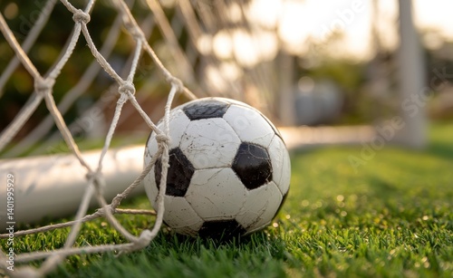 Soccer Ball in Goal Net on Green Grass Field at Sunset