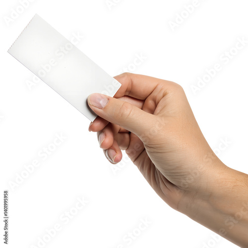 hand holding blank ticket or card isolated on transparent background