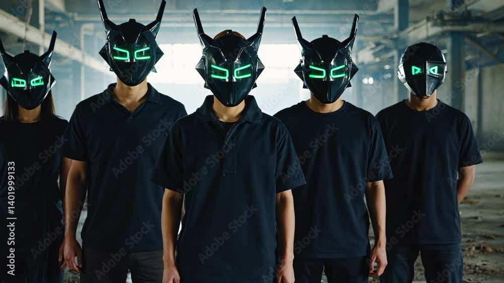 Group of people wearing futuristic horned masks with neon green lights standing in abandoned building. Men and women in all black clothes.