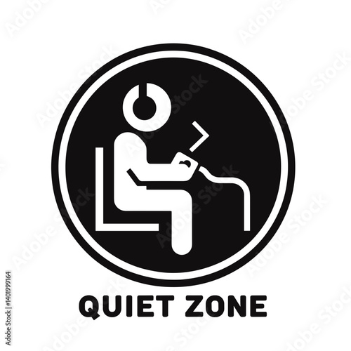 Quiet Zone Sign with Person Wearing Headphones in Circular Design  on round black background 