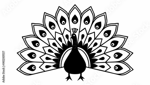 A stylized black and white peacock with an elaborate tail feather display in a symmetrical design created with generated ai