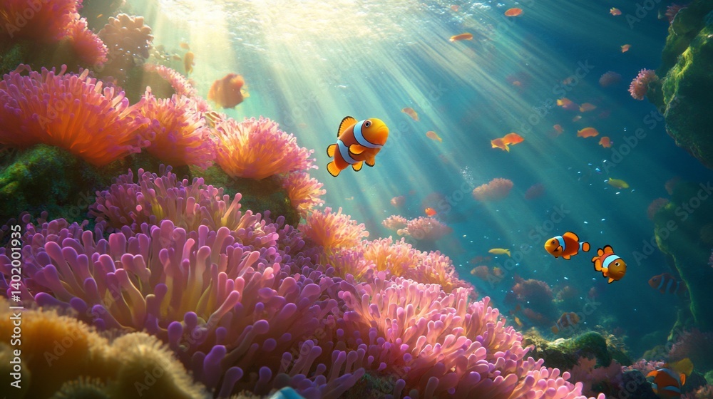 Naklejka premium Sunlit Clownfish swim coral reef, ocean background, underwater scene