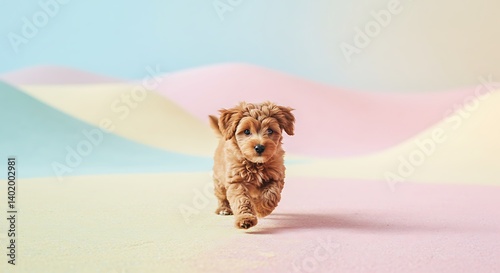 High-resolution image of baby animals (puppy) playing on pastel-colored backgrounds
