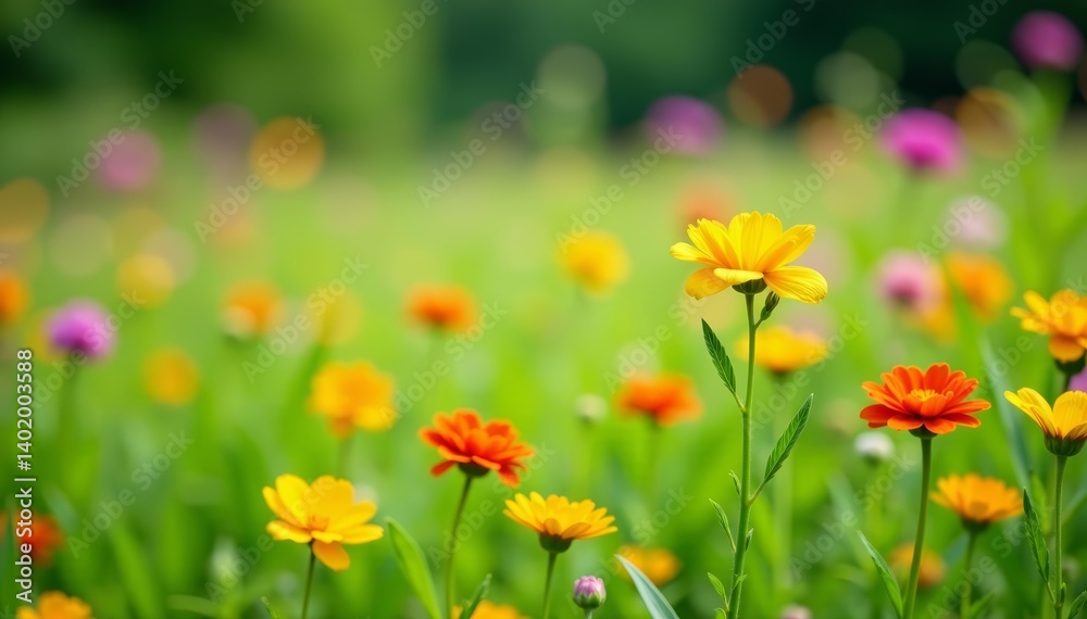 Fototapeta premium Close up of vibrant wild flowers and luscious green grass in a meadow, vibrant, grass, nature