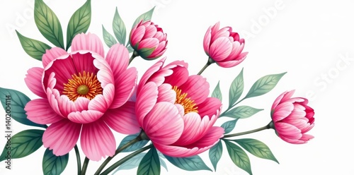Fototapeta Naklejka Na Ścianę i Meble -  Close-up of watercolor pink peony flowers in a bouquet on white canvas, close-up, watercolor, white background