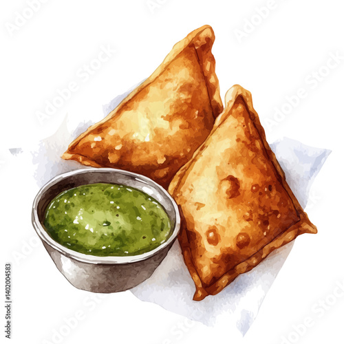 watercolor of Samosa With Dipping Chutney, vector, isolated on a white background.