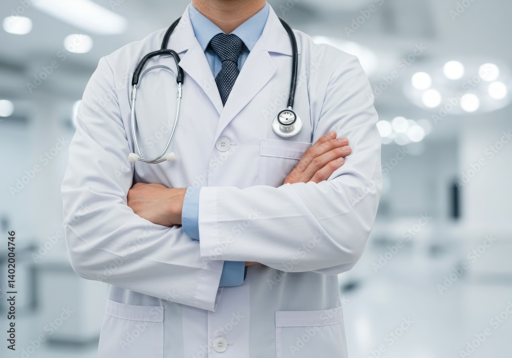 A doctor in a white coat with a stethoscope around his neck and arms crossed in a hospital setting A doctor in a white coat with a stethoscope around his neck and arms crossed in a hospital setting