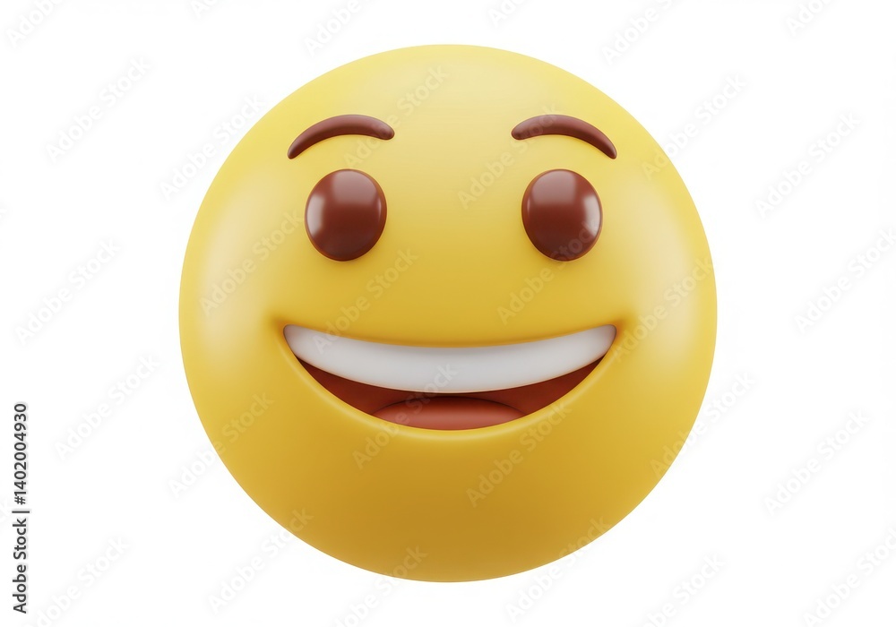 Fototapeta premium A cheerful yellow emoji with a big smile and brown eyes on a white background in a close up view