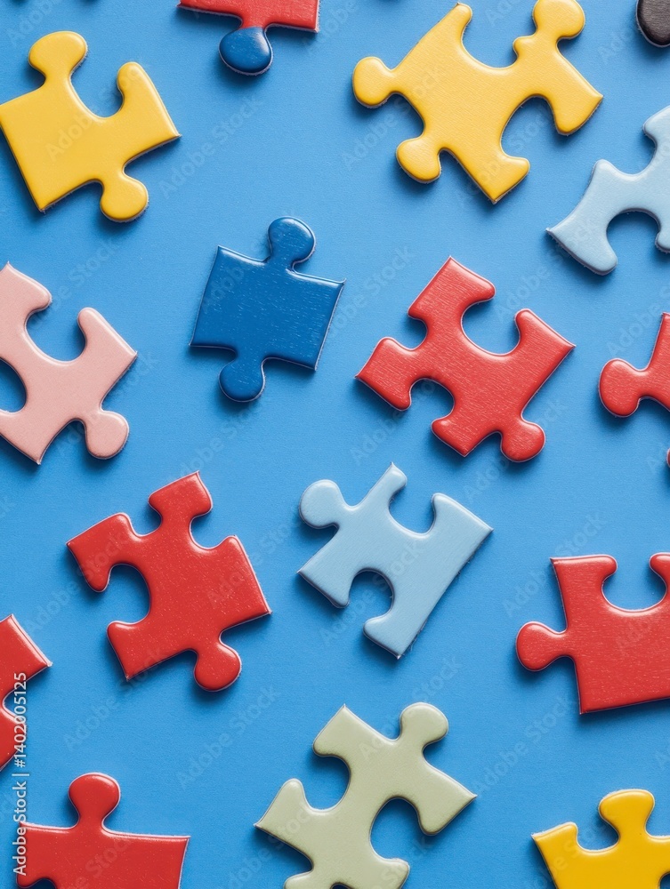 Colorful Puzzle Pieces Scattered on Blue Background As Symbol for Teamwork Colorful Puzzle Pieces Scattered on Blue Background As Symbol for Teamwork