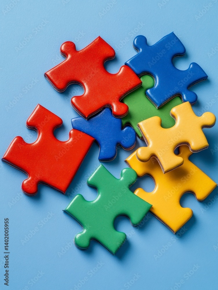Colorful Puzzle Pieces on Blue Background Symbolizing Problem Solving and Strategy Colorful Puzzle Pieces on Blue Background Symbolizing Problem Solving and Strategy