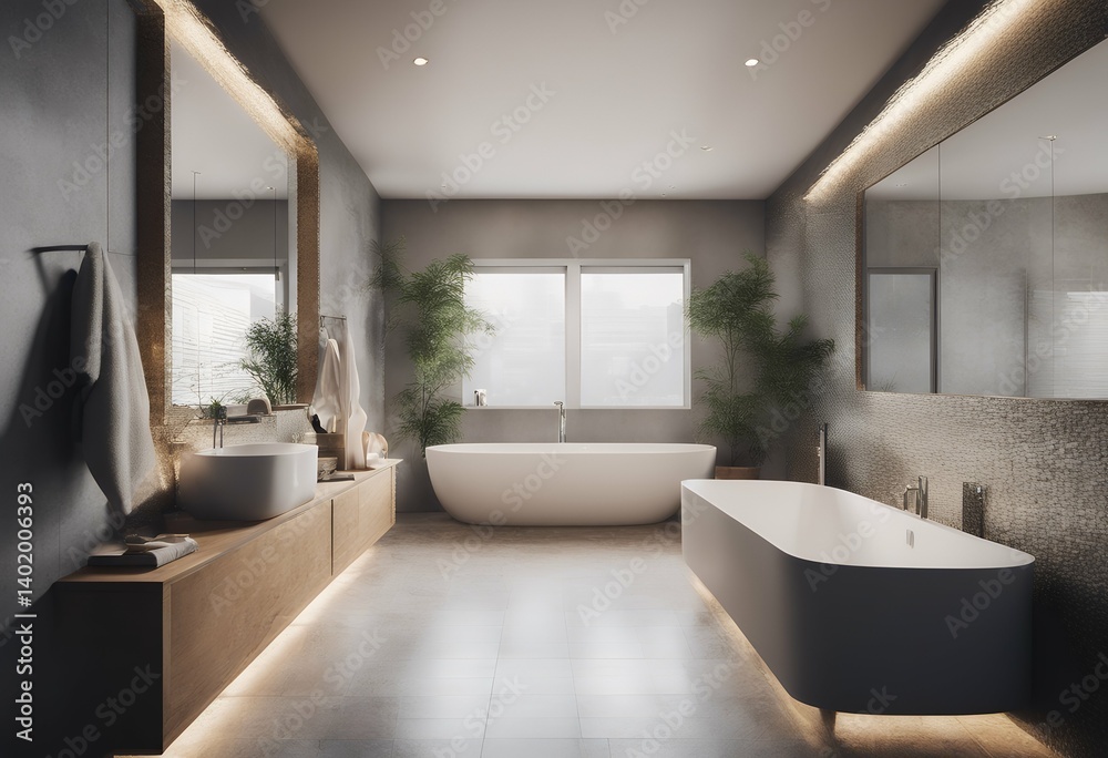 Fototapeta premium bathroom contemporary window floor room estate bathtub clean home apartment faucet modern relax bathe architecture white residential house towel decor interior beautiful indoor luxury mirror