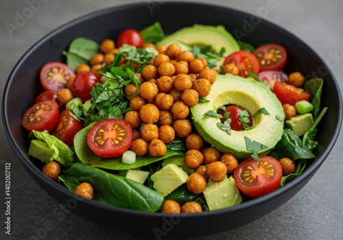A vibrant salad with chickpeas avocado tomatoes and spinach in a black bowl on a gray surface
