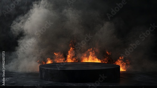 Wallpaper Mural A black podium with rising fire and smoke creating a dramatic atmosphere Torontodigital.ca