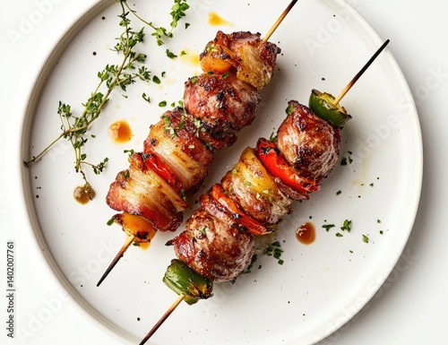 Grilled skewers with colorful bell peppers, onions, and bacon