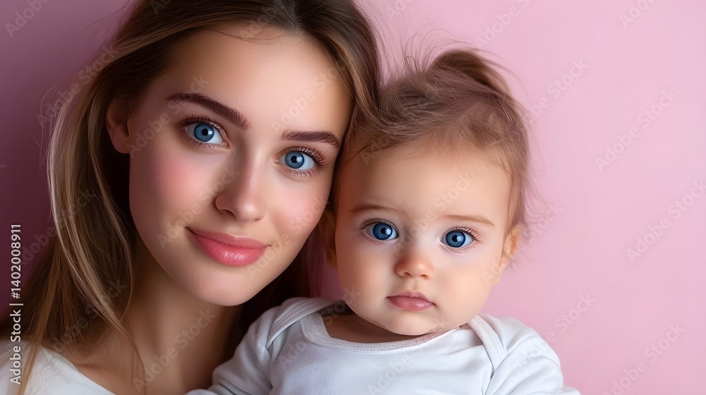 Portrait of a Smiling Mother and Baby with Blue Eyes on a Soft Pink Background Portrait of a Smiling Mother and Baby with Blue Eyes on a Soft Pink Background