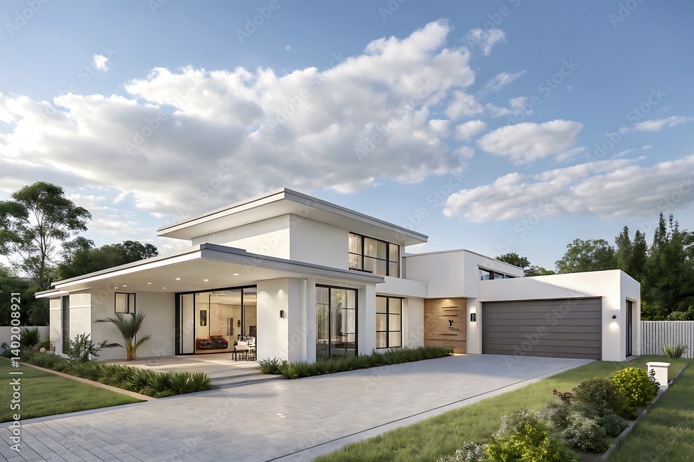 Modern Villa Exterior In Summer Luxury house exterior with brick and siding trim Modern Villa Exterior In Summer Luxury house exterior with brick and siding trim