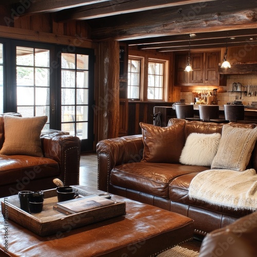 A rustic log cabin living room featuring leather furniture and wooden accents. photo